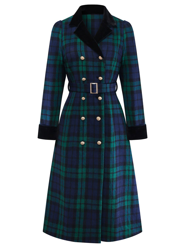 Manteau à carreaux bleue et verte en col cranté années 1940