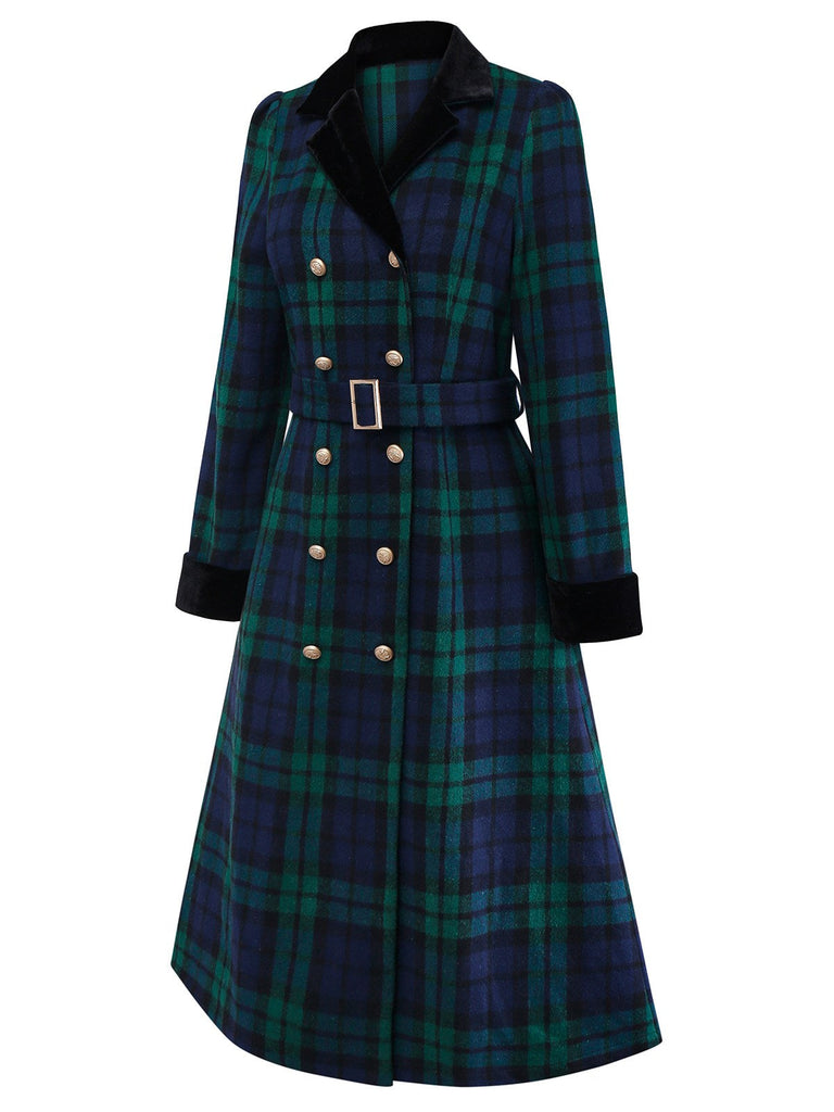 Manteau à carreaux bleue et verte en col cranté années 1940