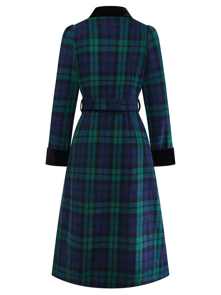 Manteau à carreaux bleue et verte en col cranté années 1940