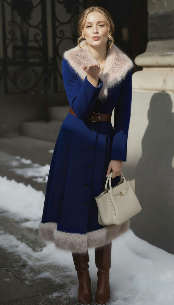 [Prévente] Manteau bleue doublé de fausse fourrure et ceinturé années 1960