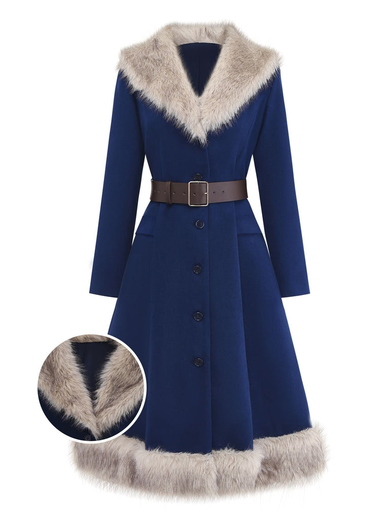 [Prévente] Manteau bleue doublé de fausse fourrure et ceinturé années 1960