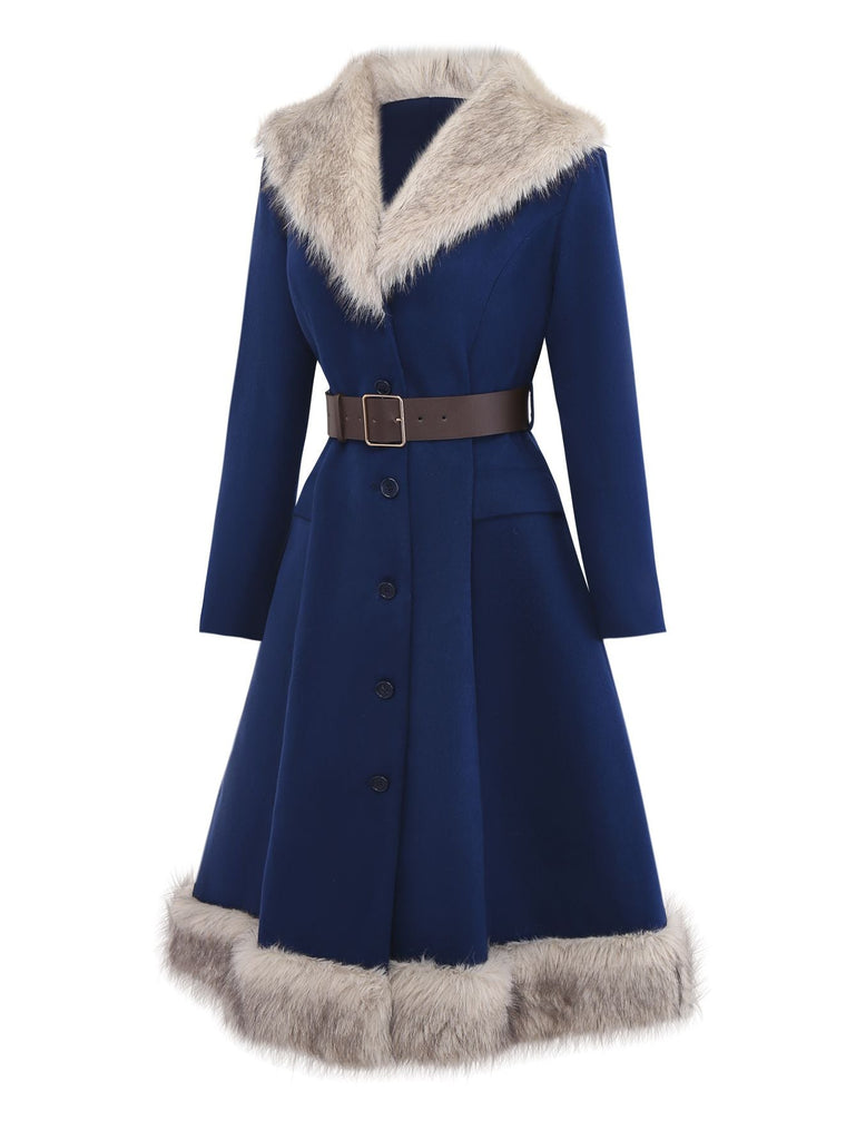 [Prévente] Manteau bleue doublé de fausse fourrure et ceinturé années 1960
