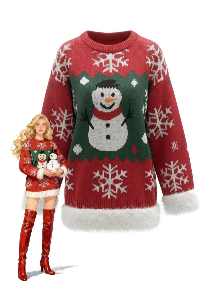 Pull-over à ourlet brut avec motif bonhomme de neige de Noël des années 1950