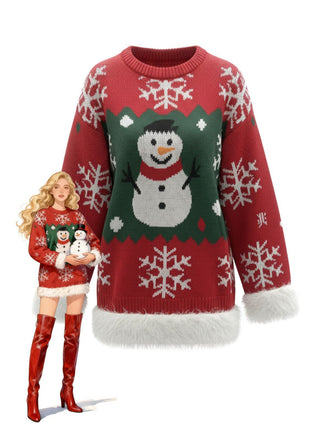 Pull-over à ourlet brut avec motif bonhomme de neige de Noël des années 1950