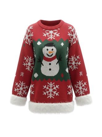 Pull-over à ourlet brut avec motif bonhomme de neige de Noël des années 1950