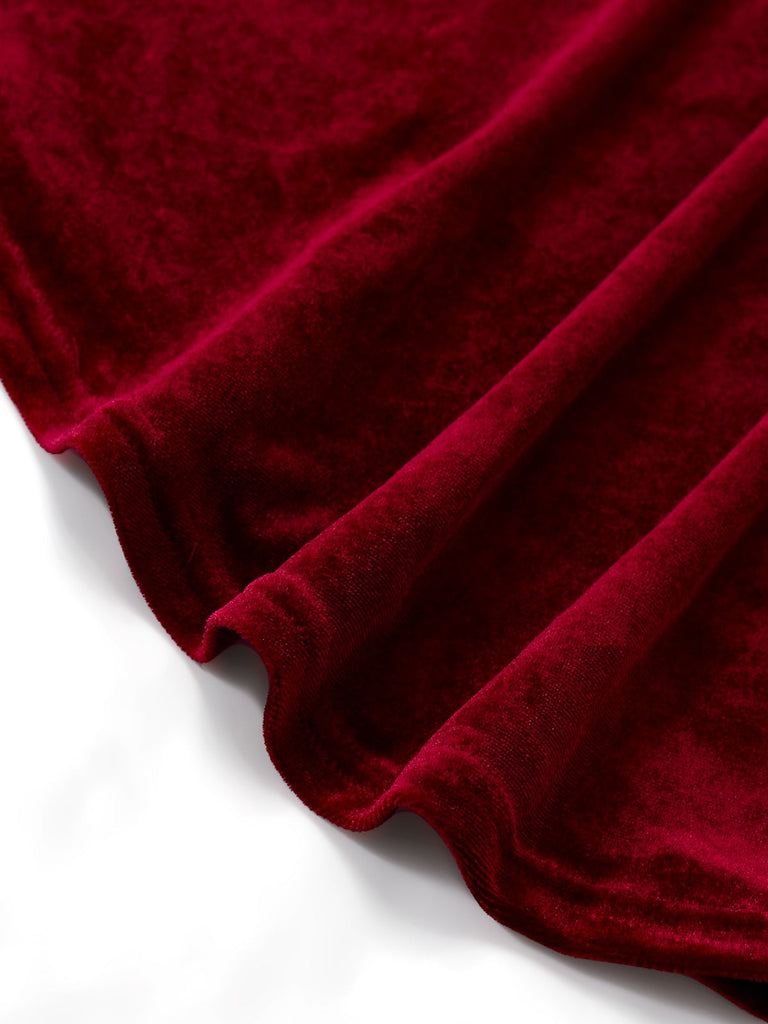 Robe en velours rouge bordeaux à ourlet volanté années 1930