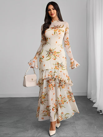 Robe longue beige fleurie à volants en maille années 1930