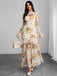 Robe longue beige fleurie à volants en maille années 1930