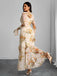 Robe longue beige fleurie à volants en maille années 1930