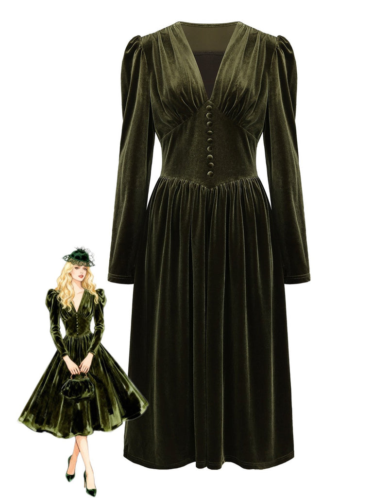 Robe verte en velours manches bouffantes col en V profond et froncées des années 1940