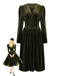 Robe verte en velours manches bouffantes col en V profond et froncées des années 1940