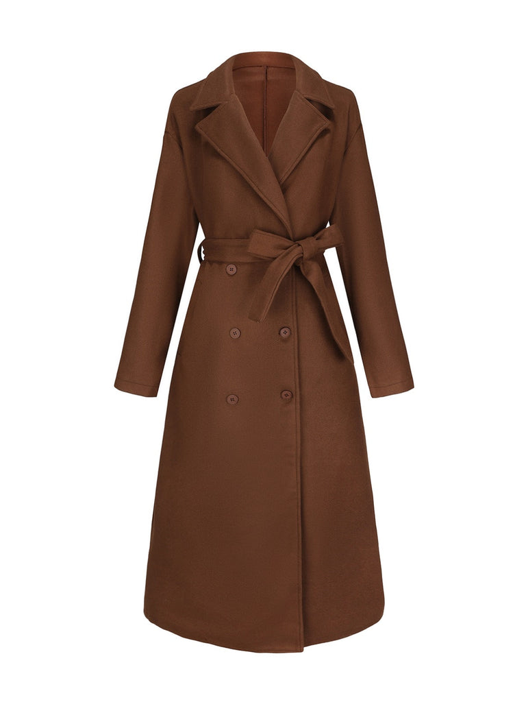 Manteau long marron en fausse laine col cranté des années 1930