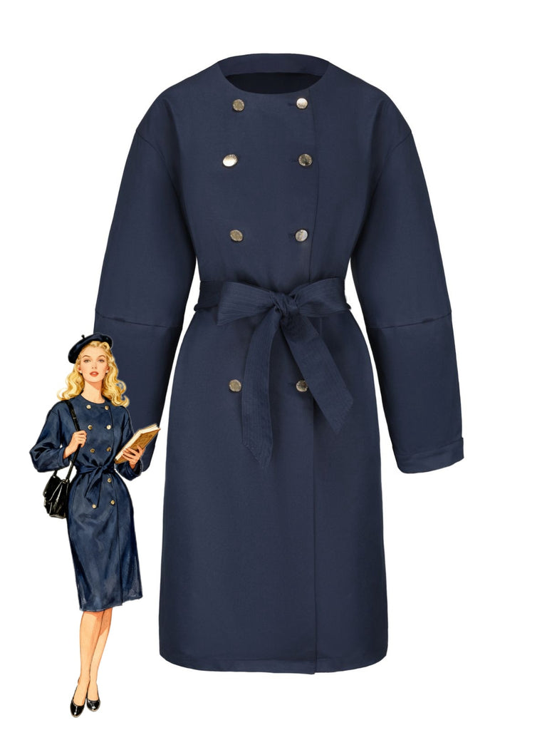 Trench-coat bleu à double boutonnage et col rond des années 1940