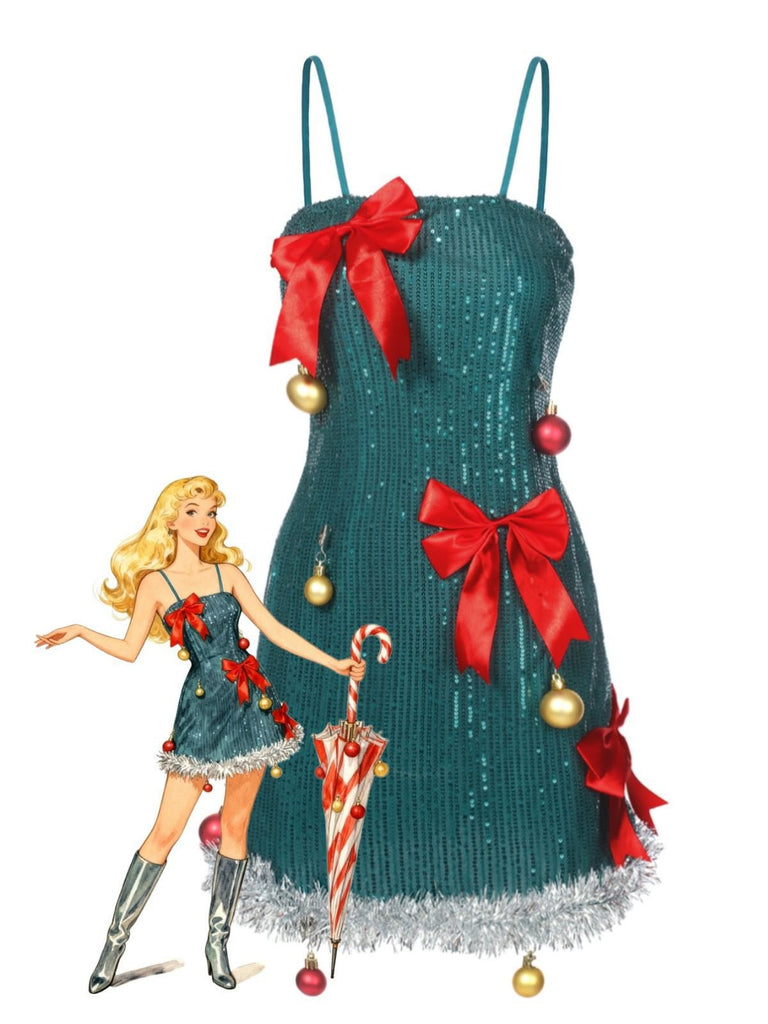 Robe verte à paillettes avec nœud et clochettes de Noël des années 1960
