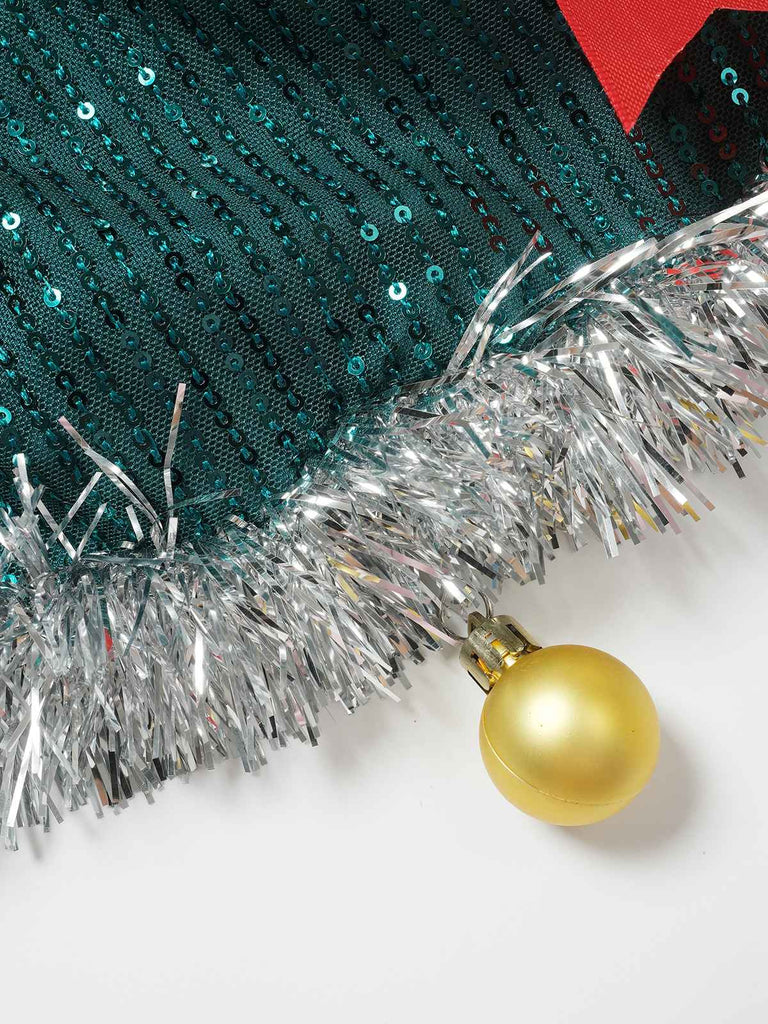 Robe verte à paillettes avec nœud et clochettes de Noël des années 1960