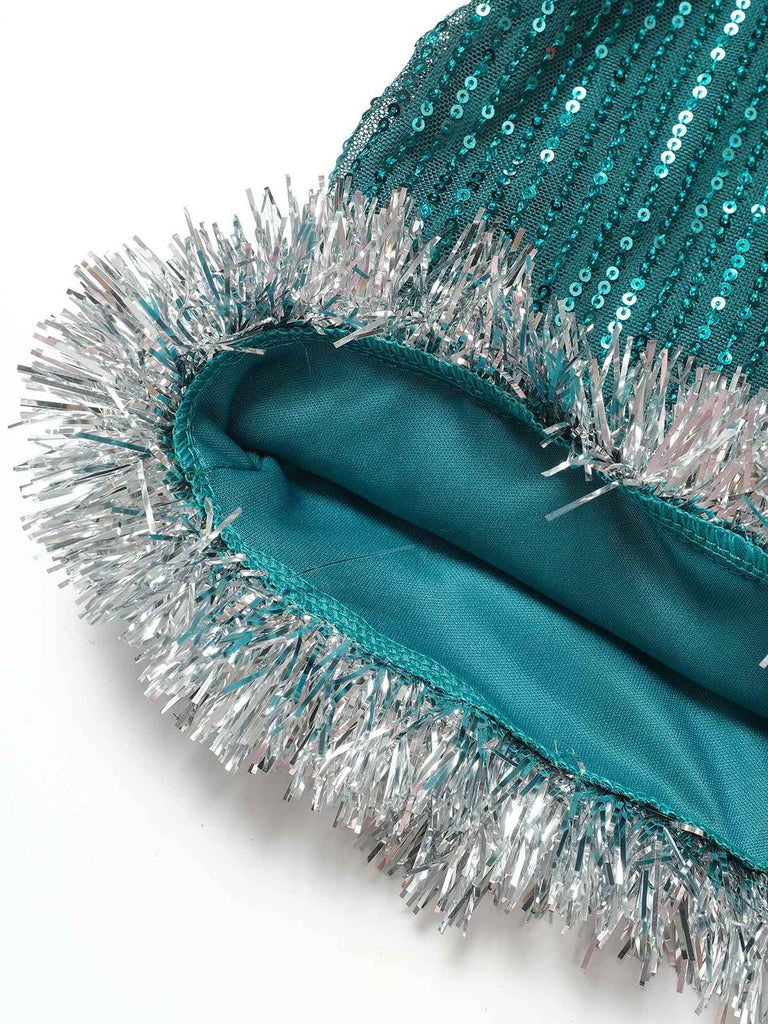 Robe verte à paillettes avec nœud et clochettes de Noël des années 1960