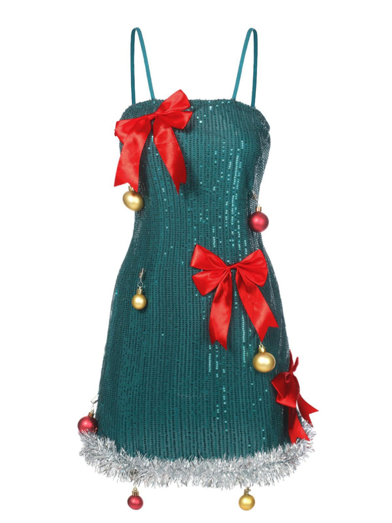 Robe verte à paillettes avec nœud et clochettes de Noël des années 1960