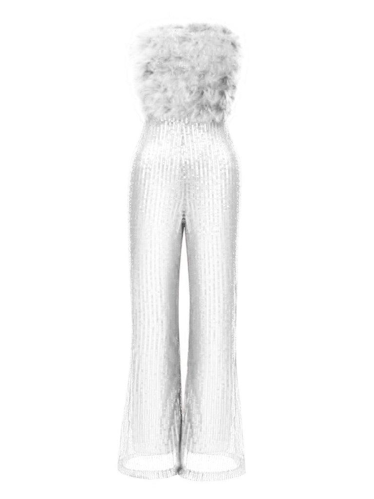 Combinaison bustier en patchwork de plumes et paillettes des années 1950