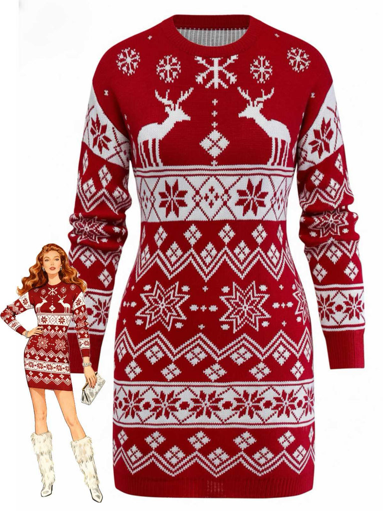 Robe en maille jacquard à rennes et de flocons de neige années 1960