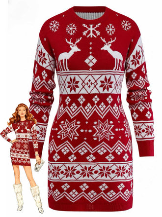 Robe en maille jacquard à rennes et de flocons de neige années 1960