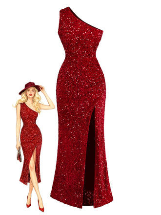 Robe moulante rouge à paillettes une épaule et fente des années 1930