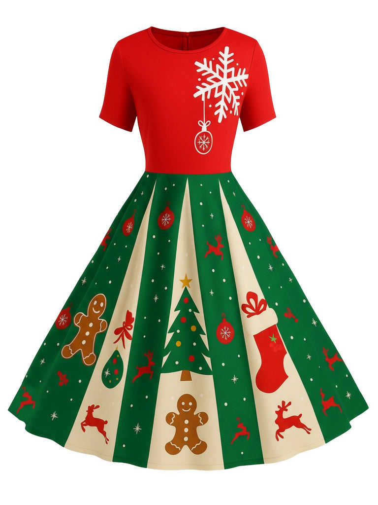 Robe trapèze rose motif flocon de neige des années 1950