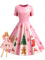 Robe trapèze rose motif flocon de neige des années 1950