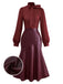 [Prévente] Robe rouge bordeaux col à nœud et patchwork en cuir années 1940