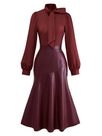 [Prévente] Robe rouge bordeaux col à nœud et patchwork en cuir années 1940