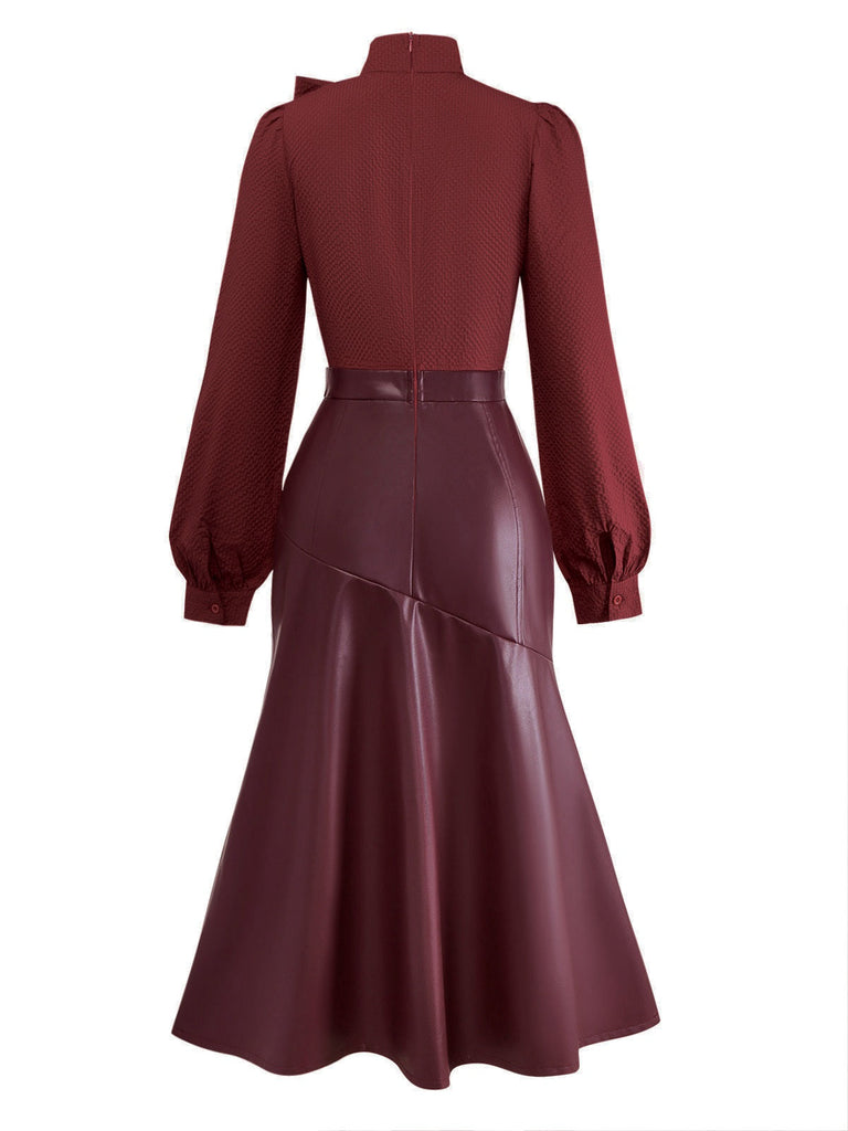 [Prévente] Robe rouge bordeaux col à nœud et patchwork en cuir années 1940