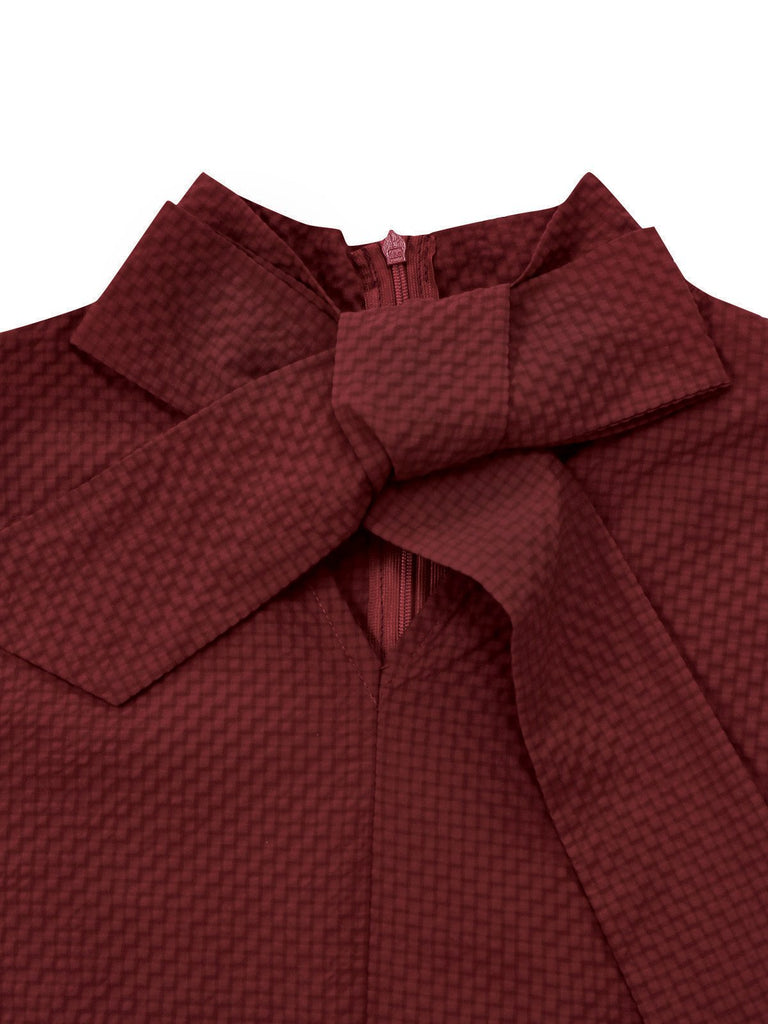 [Prévente] Robe rouge bordeaux col à nœud et patchwork en cuir années 1940