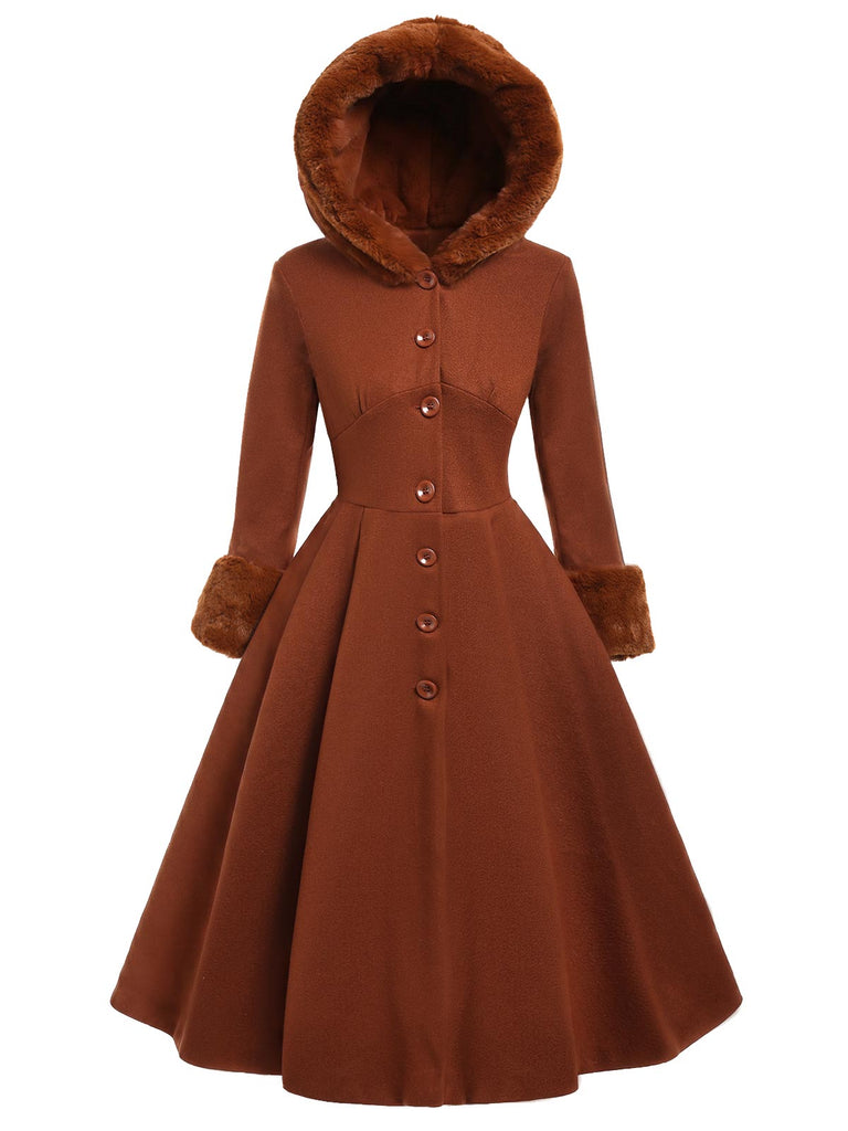 [Prévente] Manteau marron à capuche boutonné en fausse laine années 1950