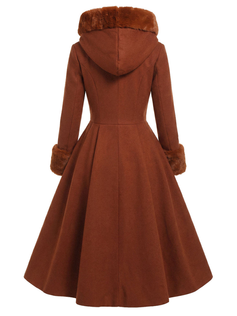 [Prévente] Manteau marron à capuche boutonné en fausse laine années 1950