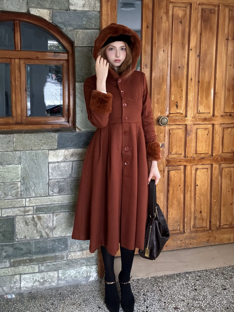 [Prévente] Manteau marron à capuche boutonné en fausse laine années 1950