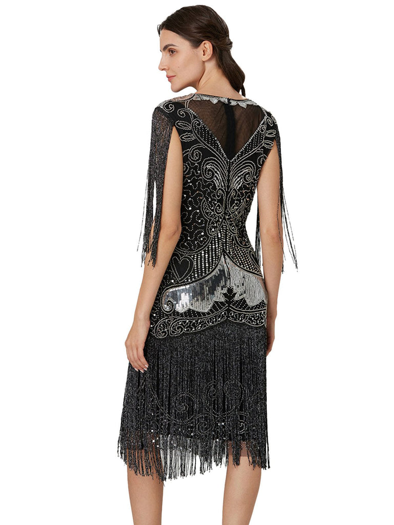 Robe patchwork en maille à paillettes et pompons argentée des années 1920