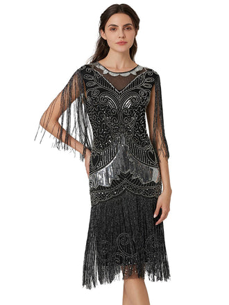 Robe patchwork en maille à paillettes et pompons argentée des années 1920
