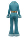 Combinaison bleue à revers bordés de fourrure et ceinture à sequins des années 1970