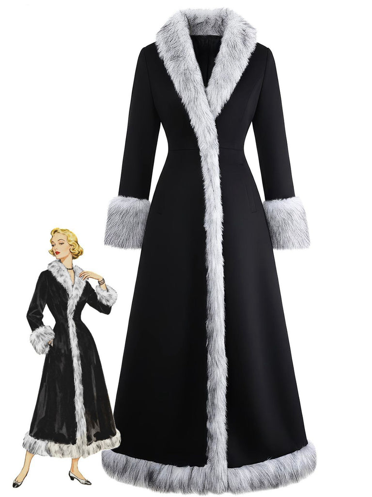 Manteau long noire à bordure en fausse fourrure années 1930