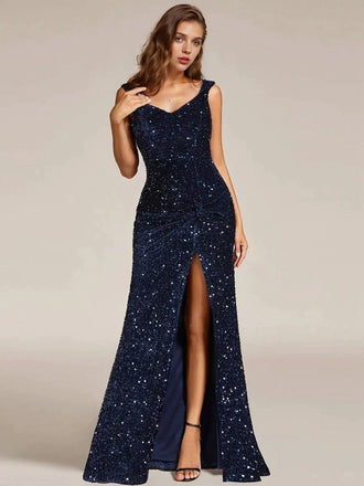 Robe longue fendue en velours bleu à sequins des années 1920
