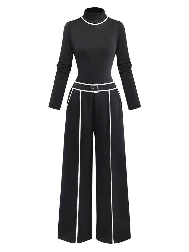 2PCS Haut tricoté noir col montant et pantalon à jambes larges des années 1930