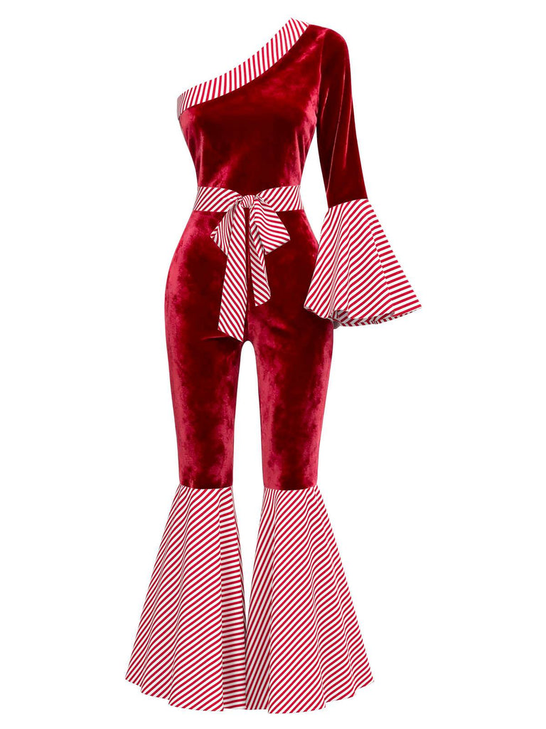 Combinaison rouge velours manches cloche et rayures canne en sucre années 1970