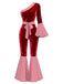 Combinaison rouge velours manches cloche et rayures canne en sucre années 1970
