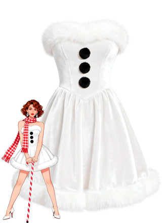 Robe bustier blanche en velours et peluche style bonhomme de neige nnées 1960