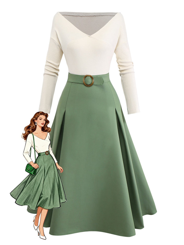 Robe plissée beige et verte en maille épaules dénudées années 50
