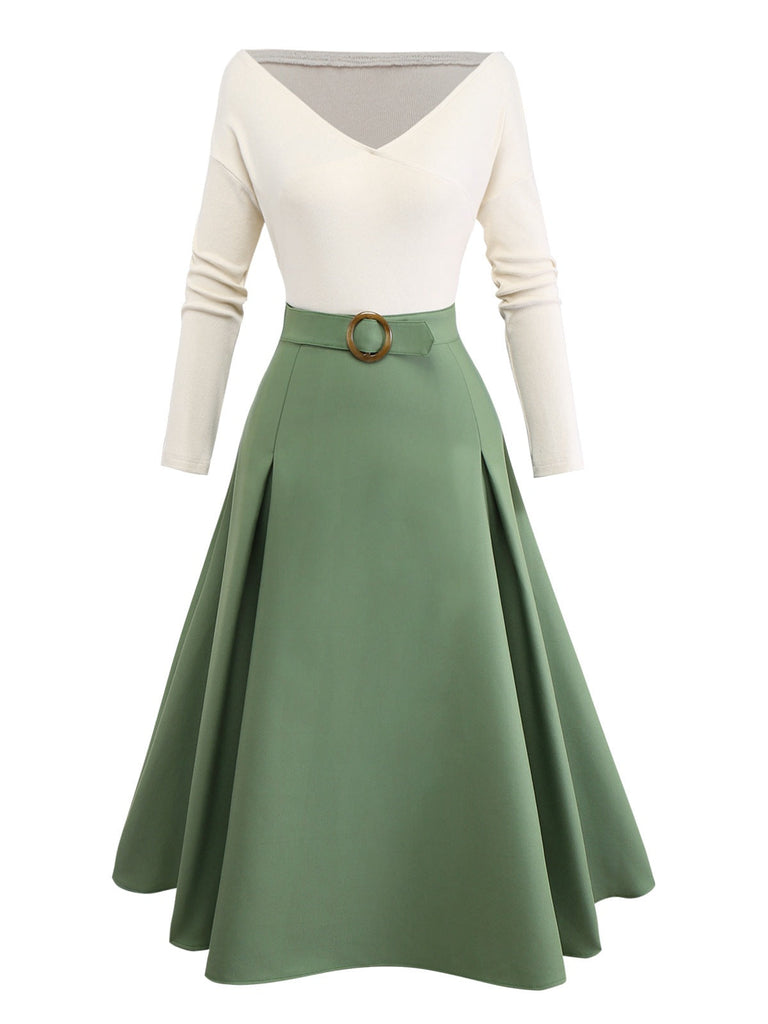 Robe plissée beige et verte en maille épaules dénudées années 50