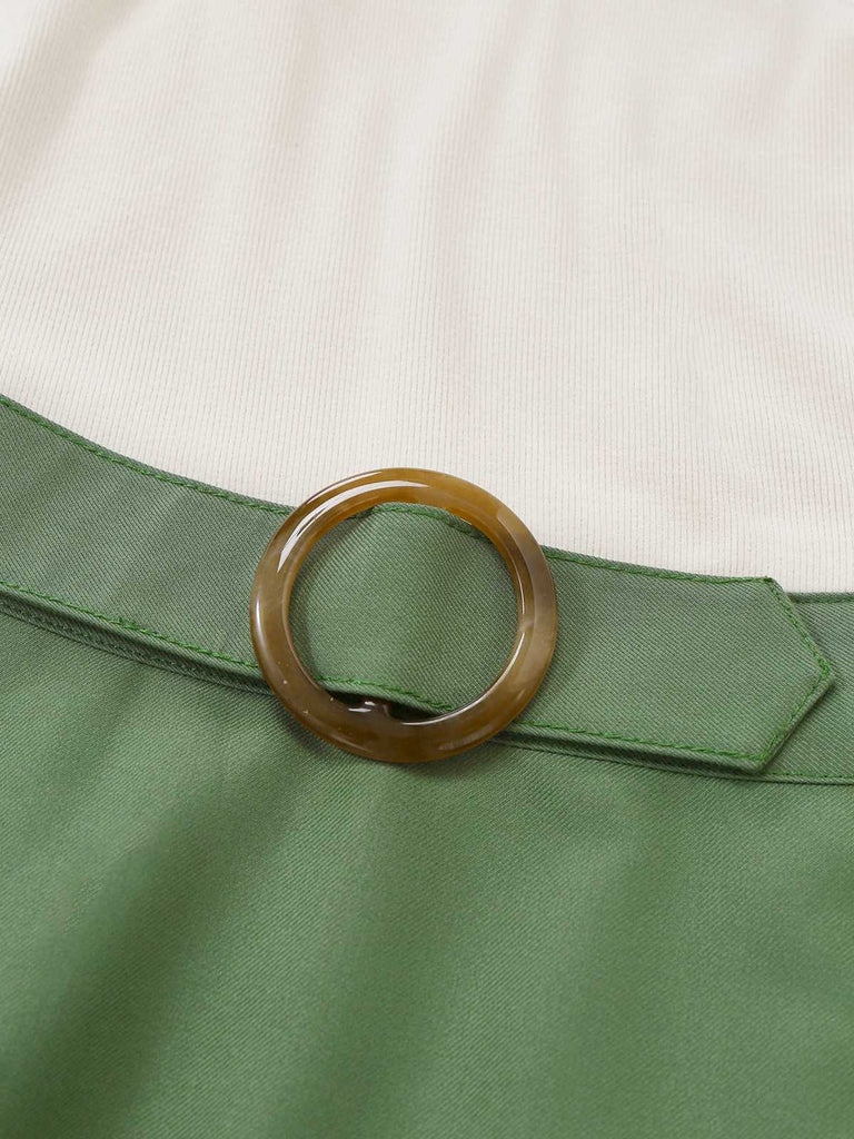 Robe plissée beige et verte en maille épaules dénudées années 50