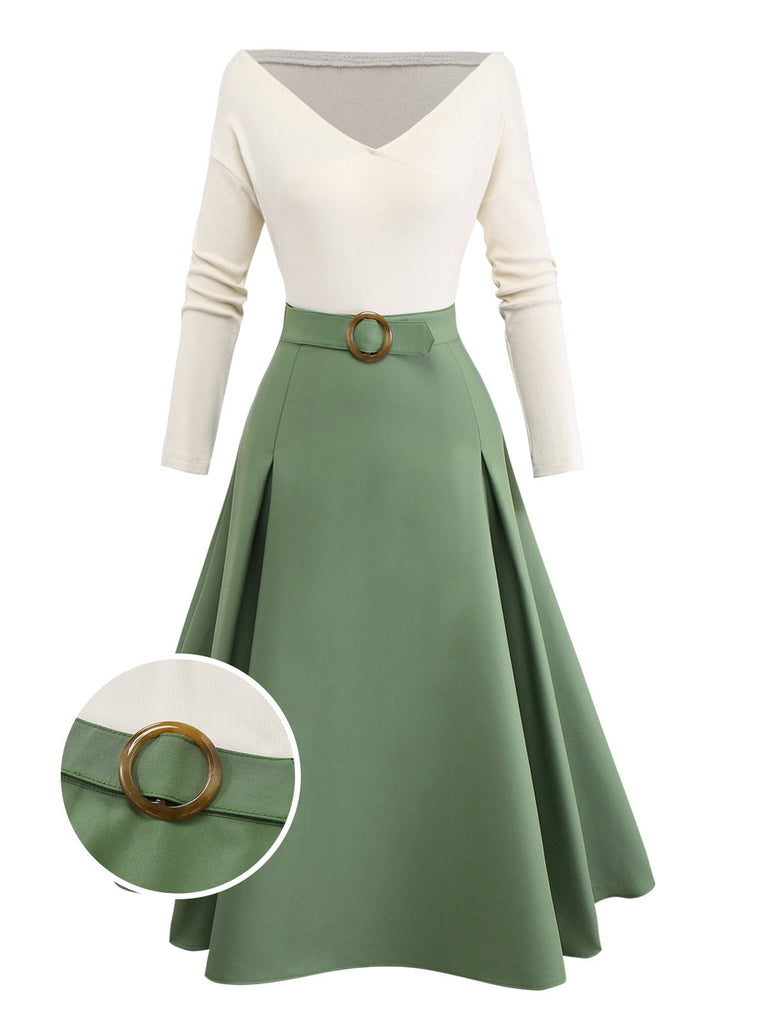Robe plissée beige et verte en maille épaules dénudées années 50