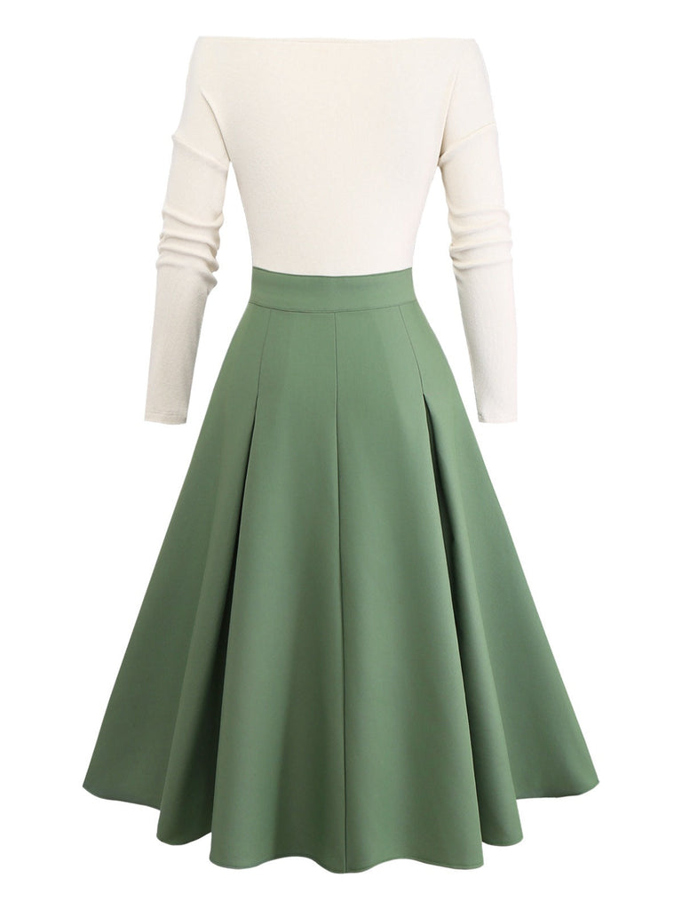 Robe plissée beige et verte en maille épaules dénudées années 50