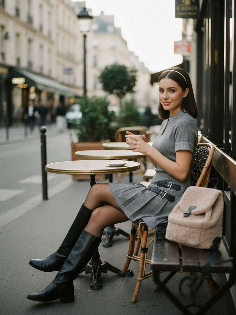 Robe plissée en cuir tricoté gris des années 1970