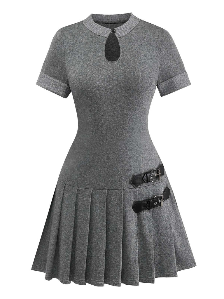 Robe plissée en cuir tricoté gris des années 1970